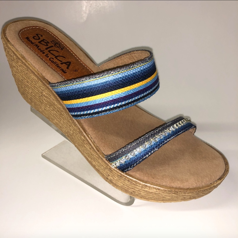 Sbicca Women's Sz 9 M  Fabric Wedge Platform Sandals Shoes  Rhinestone Rasta USA